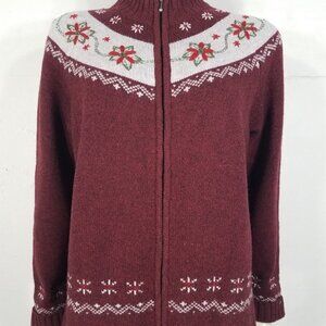 Woolrich burgundy dark red 100% Lambswool full zip cardigan sweater women Medium